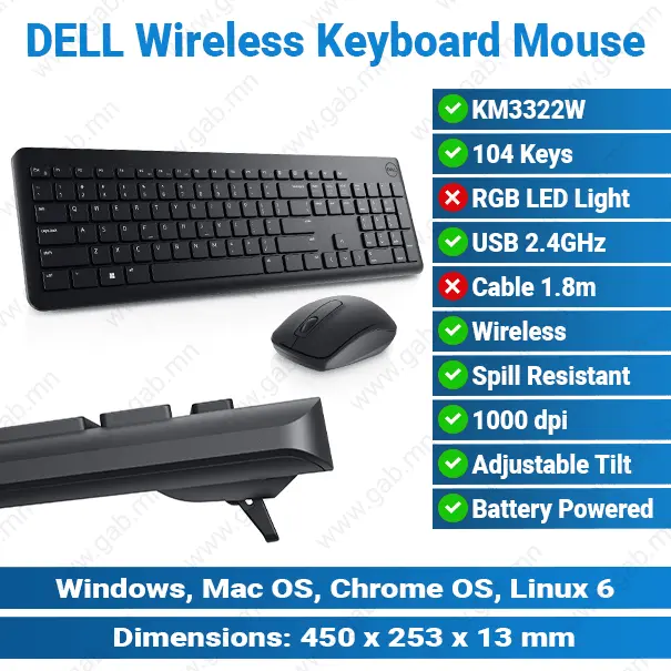 DELL KM3322W Original Wireless Black Keyboard Mouse