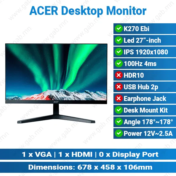 Acer K270 27" 100Hz (HDMI, VGA) Black Desktop Monitor