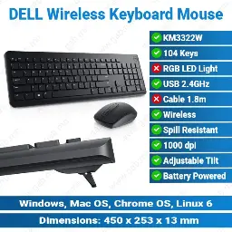 [#20'0018] DELL KM3322W Original Wireless Black Keyboard Mouse