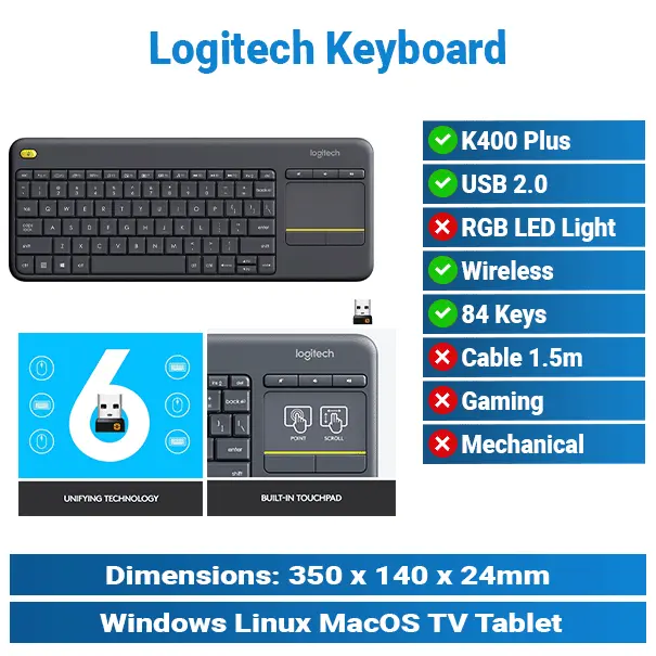 [#20'0021] Logitech K400 PLUS Wireless Black Keyboard Mouse KMP