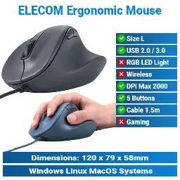 [#20'0029] Elecom Silent Wired 5-Buttons L Size Mouse KMP