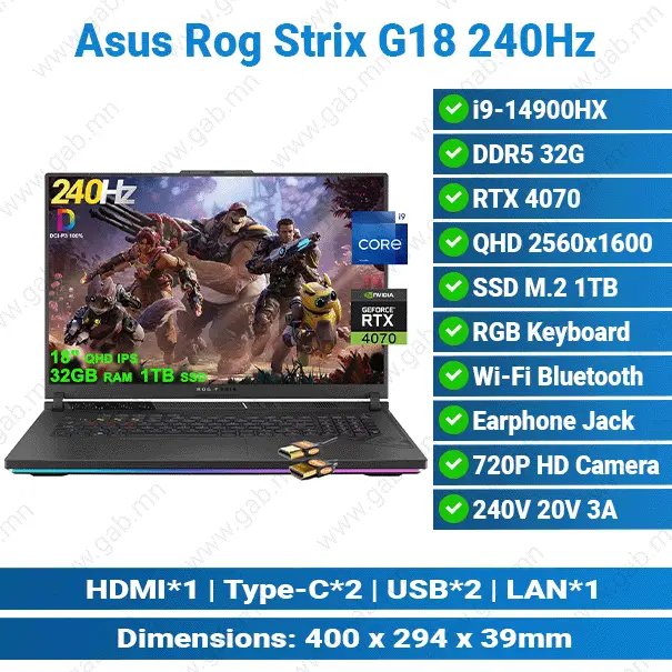 [#28'0009] Asus Rog Strix G18 G814JIR-N6064W/ i9-14900HX/ 32G/ M.2 1TB/ RTX4070/ 240Hz QHD/ 18.0" Gaming Laptop