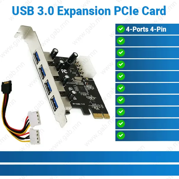 [#50'0033] USB 3.0 Expansion 4-Ports 4-Pin Power Connector PCIe Card